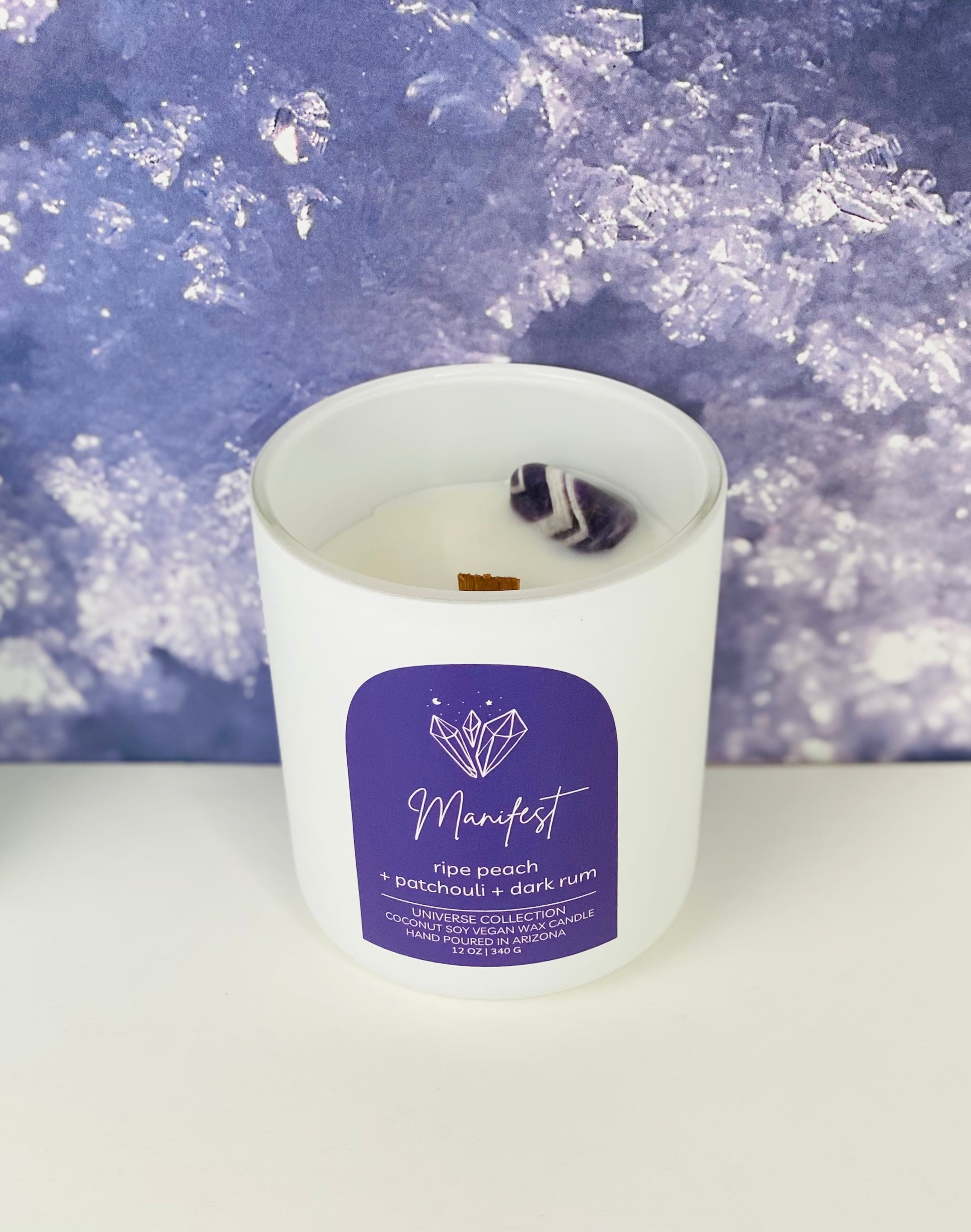 fruity woodsy decadent candle peach rum patchouli  calle amethyst best candle to gift