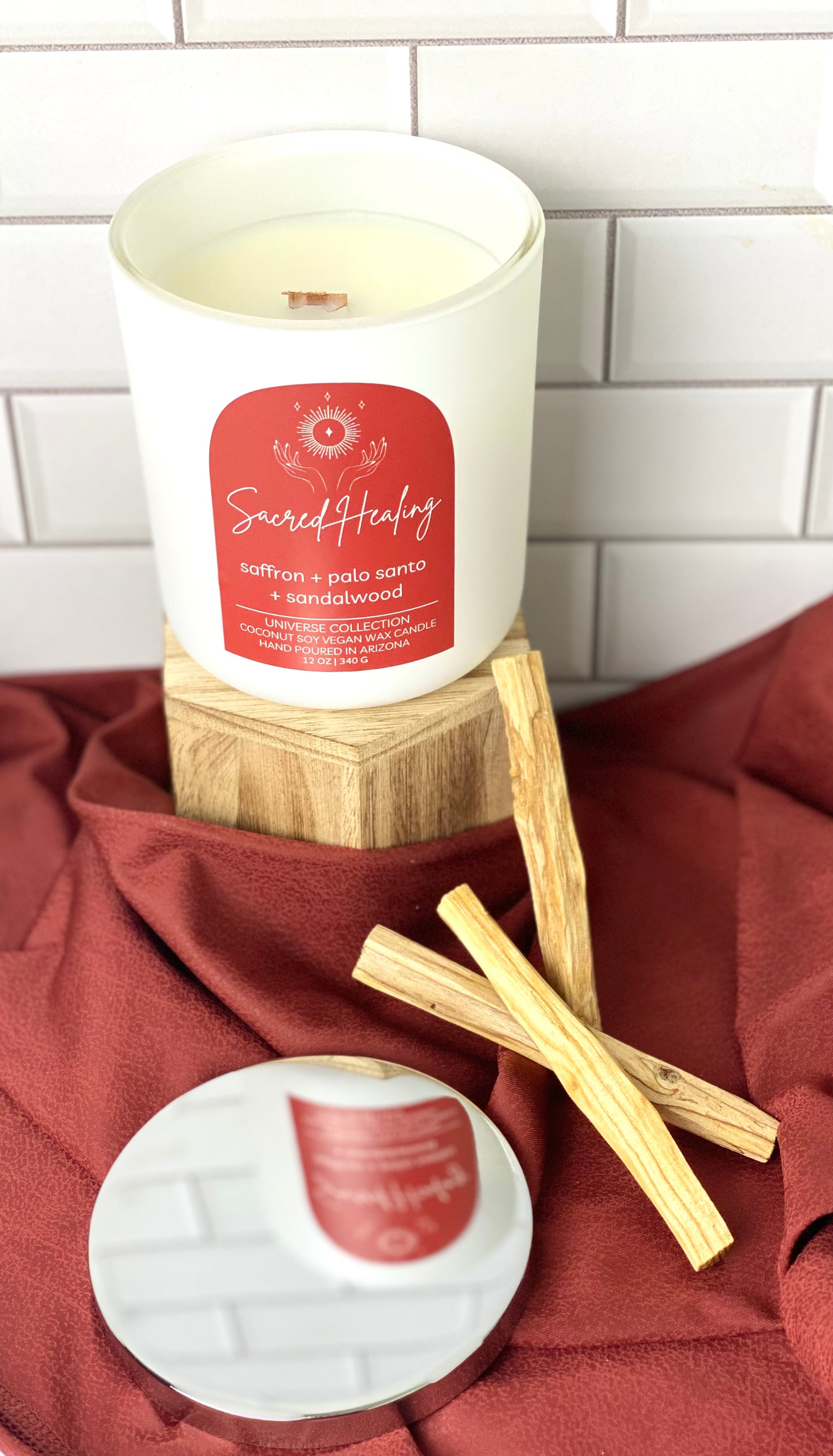 saffron palo santo cedarwood sacred healing candle