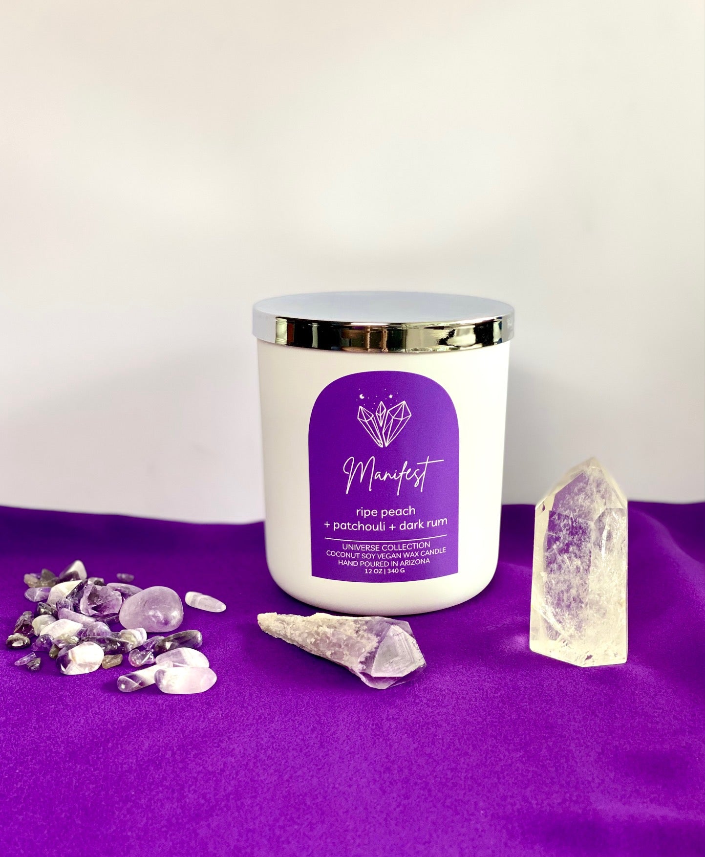 dark sultry peach patchouli vegan manifestation candle setting intentions amethyst crystals